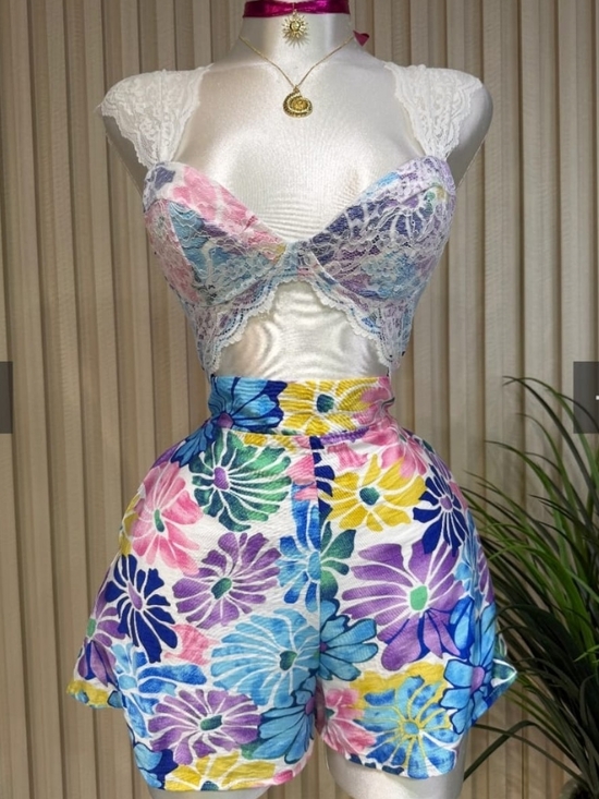 Shop17 Pants - Lace Trim Floral High-Waist Romper - Multicolor